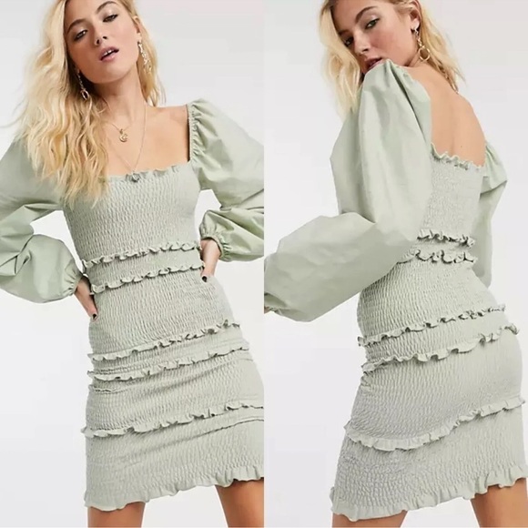 Topshop Women's Smocked Mini Dress Off The Shoulder Balloon Sleeve Green 10 - Picture 1 of 7